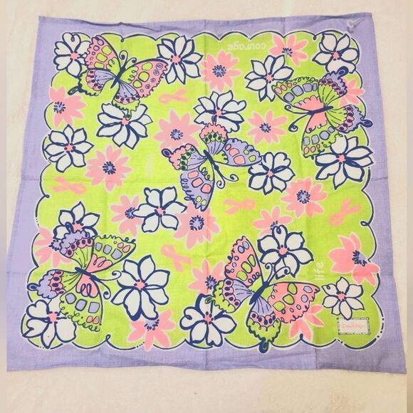NEW Lilly Pulitzer "Flowers for  Breast Cancer" 21.5" Square Scarf 100% Cotton - Picture 1 of 7